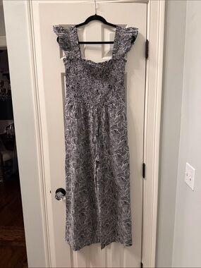 LOFT Black & White Ruffle-Strap Smocked Jumpsuit